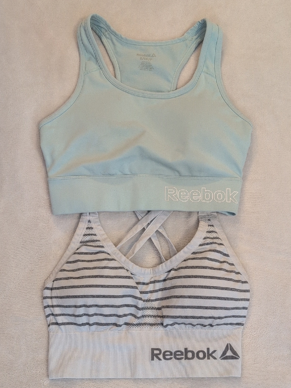 Reebok Size Small 2-Piece Sports Bra Bundle: Aqua Green & Gray/White Criss-Cross